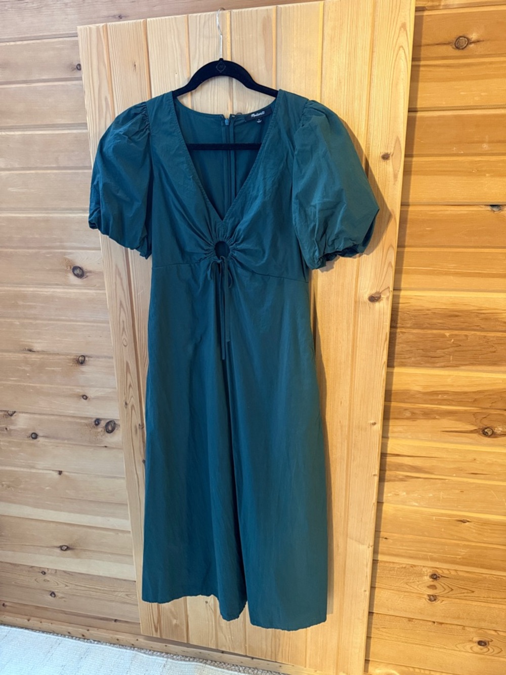 Madewell Green Puff-Sleeve Midi Dress with Front Tie